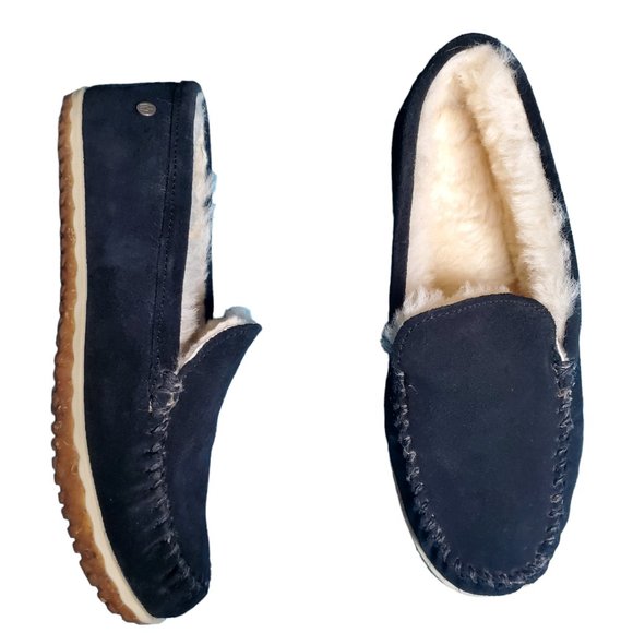 Minnetonka Shoes - Minnetonka Women's Tempe Black Suede Shearling Lined Moccasin Loafer Slippers 10